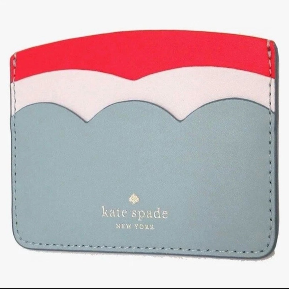 Kate Spade Gemma cloud mist blue white red leather scalloped cardholder